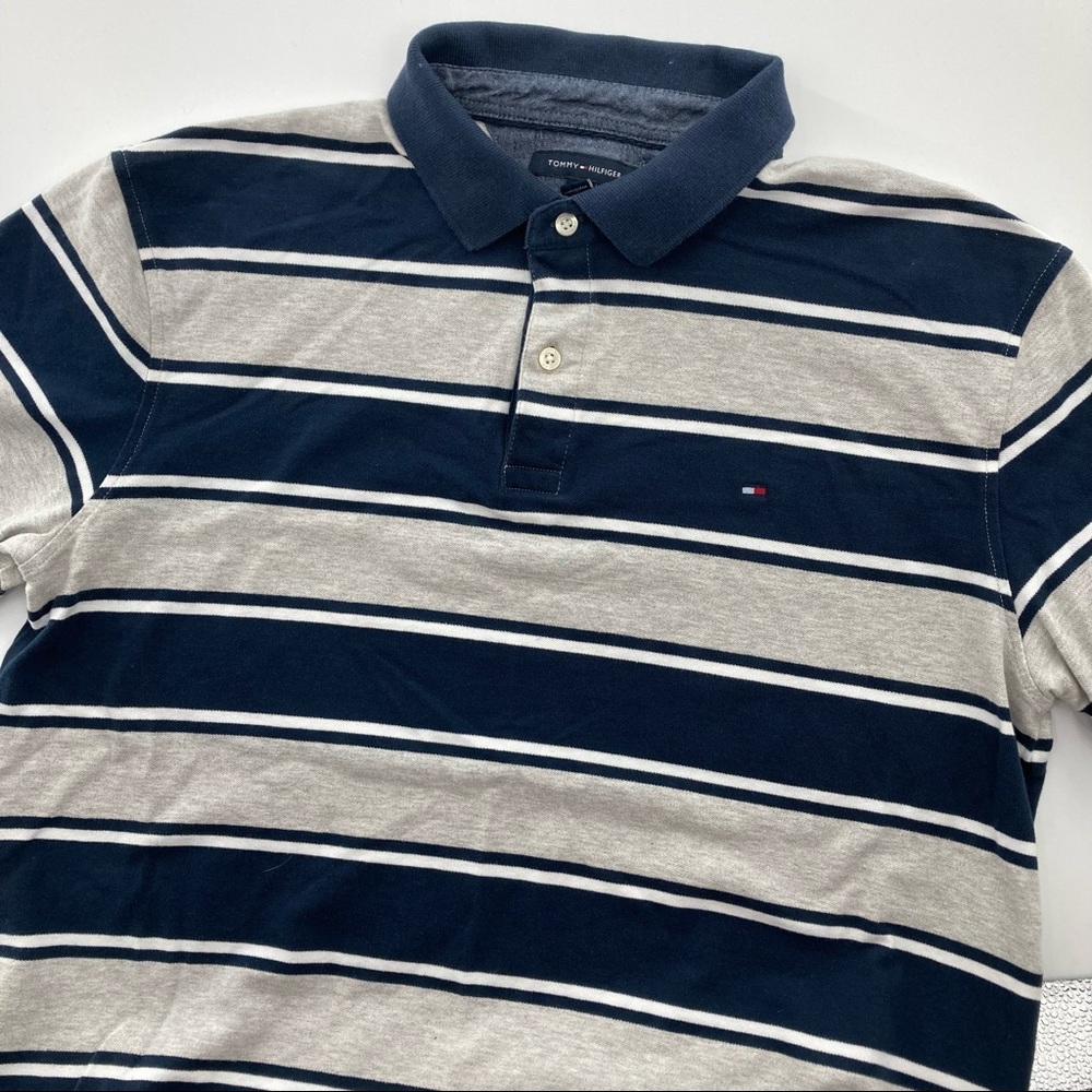 TOMMY HILFIGER s/s men's striped polo shirt size L Large navy blue/gray & white